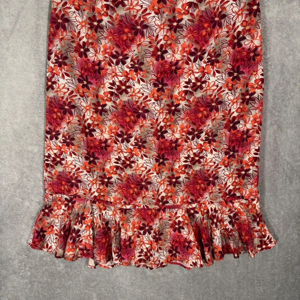 Vintage Christopher & Banks Midi Skirt Women Size 12 Red Floral Ruffle Hem Fairy